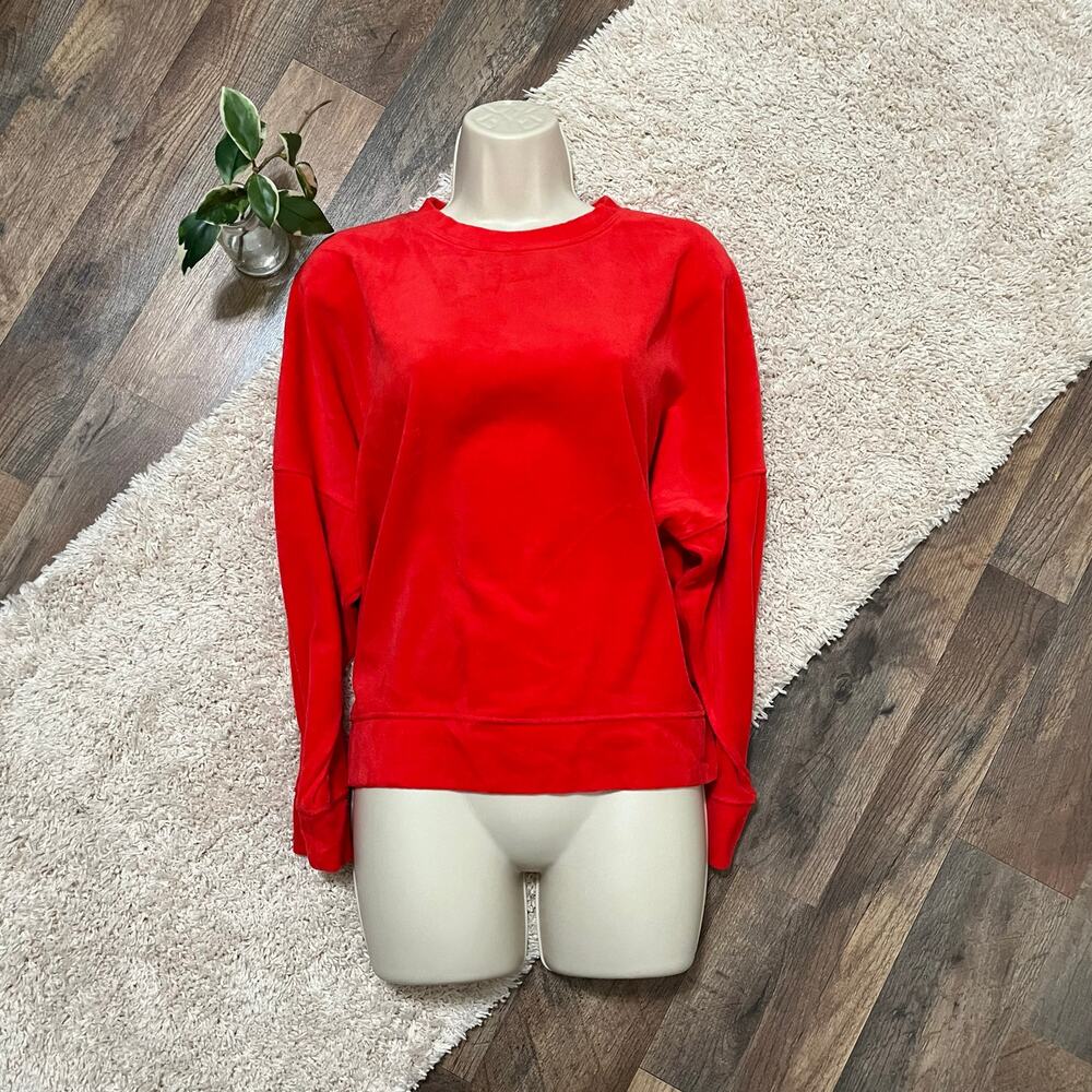 Aerie Size Medium Oversized Red Velour Drop Shoulder Crewneck Pullover Sweater